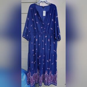 Torrid Women's Maxi Y Neck Sheer Sleeve Sz 3 22/24 Paisley Navy Dress